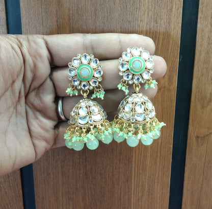 Mint Pista Kundan Jhumka Emporio Bollywood Earrings