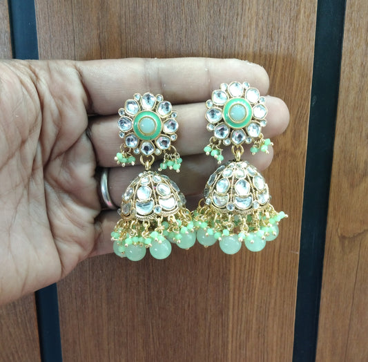Mint Pista Kundan Jhumka Emporio Bollywood Earrings