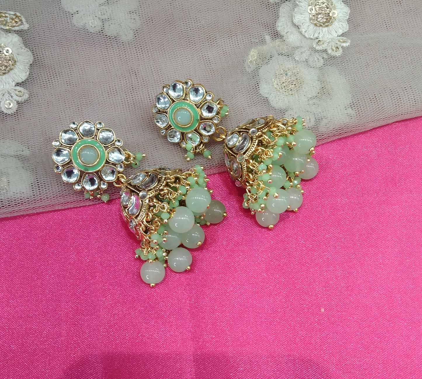 Mint Pista Kundan Jhumka Emporio Bollywood Earrings