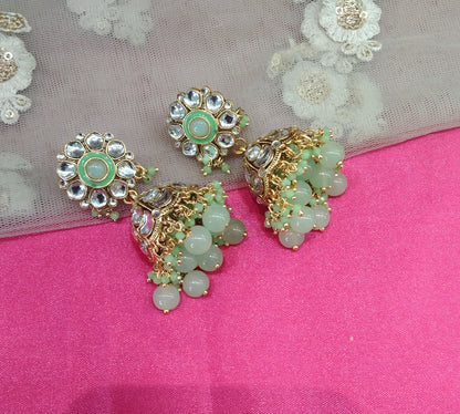 Mint Pista Kundan Jhumka Emporio Bollywood Earrings