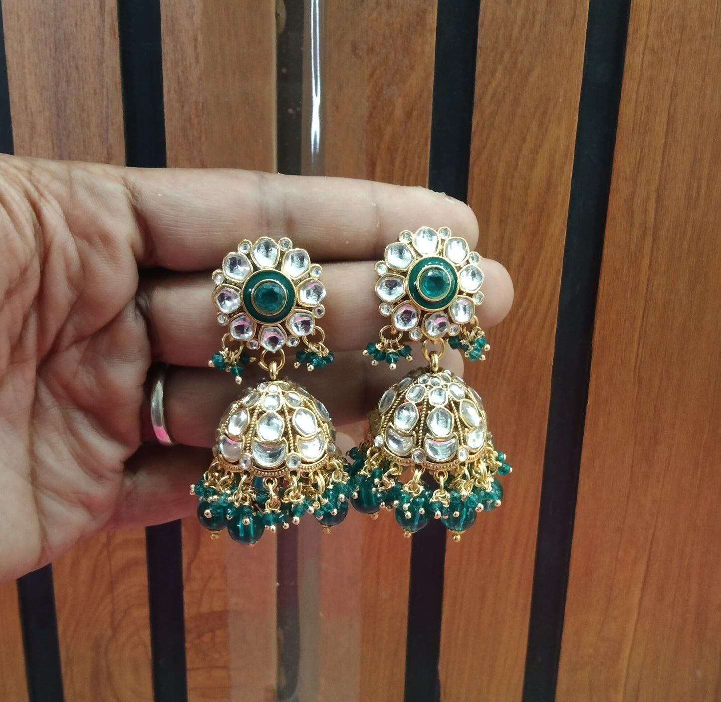 Rama Green Kundan Jhumka Emporio Bollywood Earrings