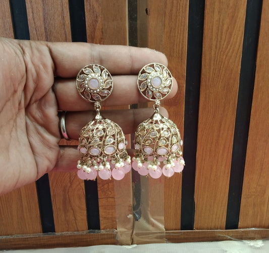 Antique Baby Pink Jhumka Suman Bollywood Earrings