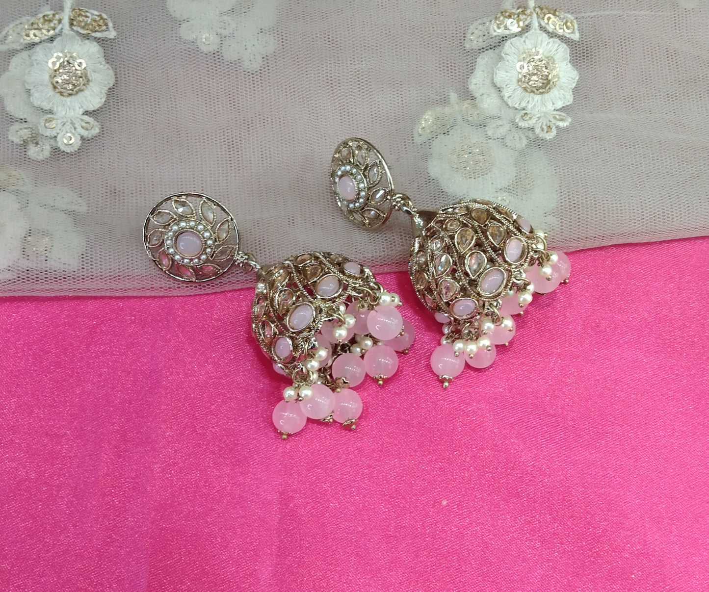 Antique Baby Pink Jhumka Suman Bollywood Earrings
