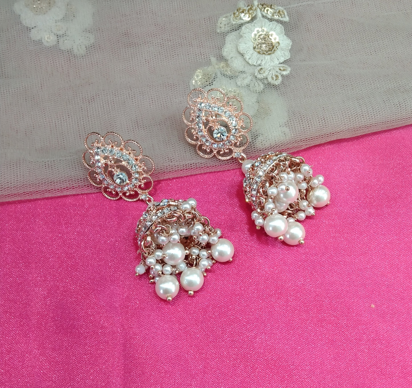 Rose White Jhumka kamal Bollywood Earrings