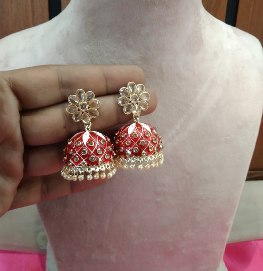 Red Kundan Jhumka Honey Bollywood Earrings
