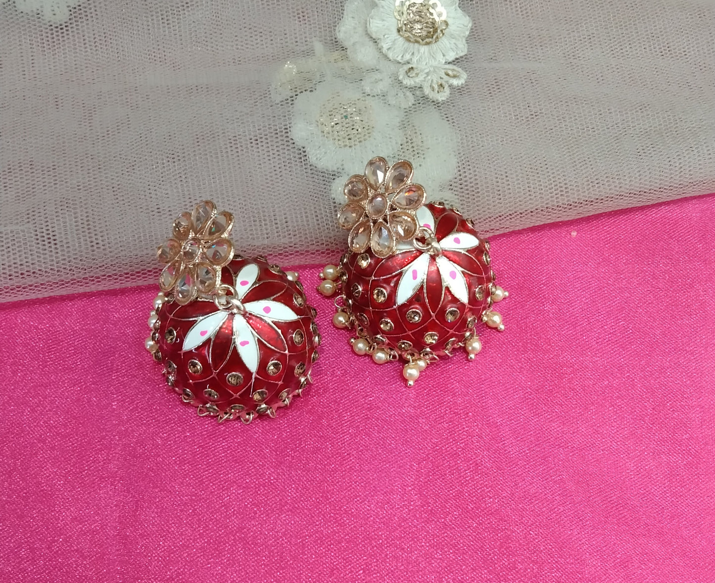 Red Kundan Jhumka Honey Bollywood Earrings