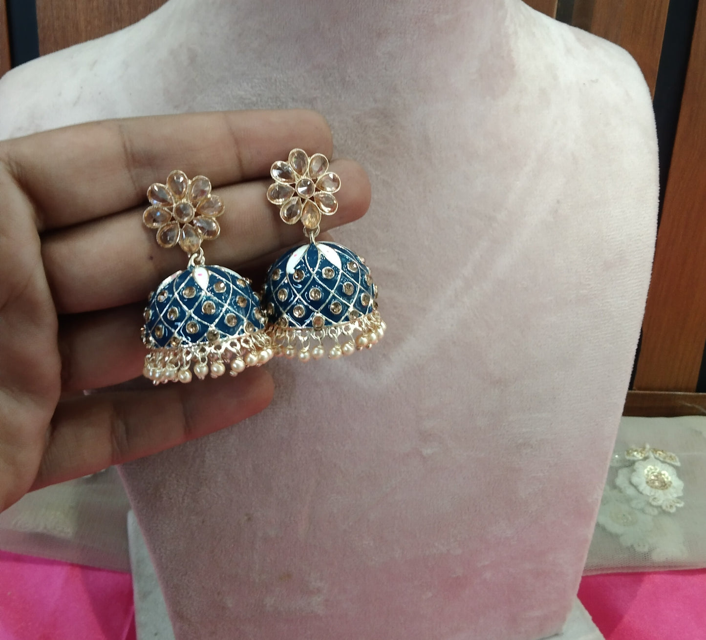 Navy Blue Kundan Jhumka Honey Bollywood Earrings