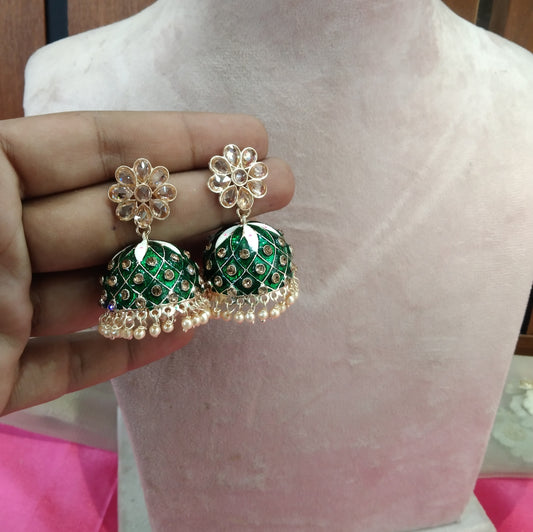 Green Kundan Jhumka Honey Bollywood Earrings