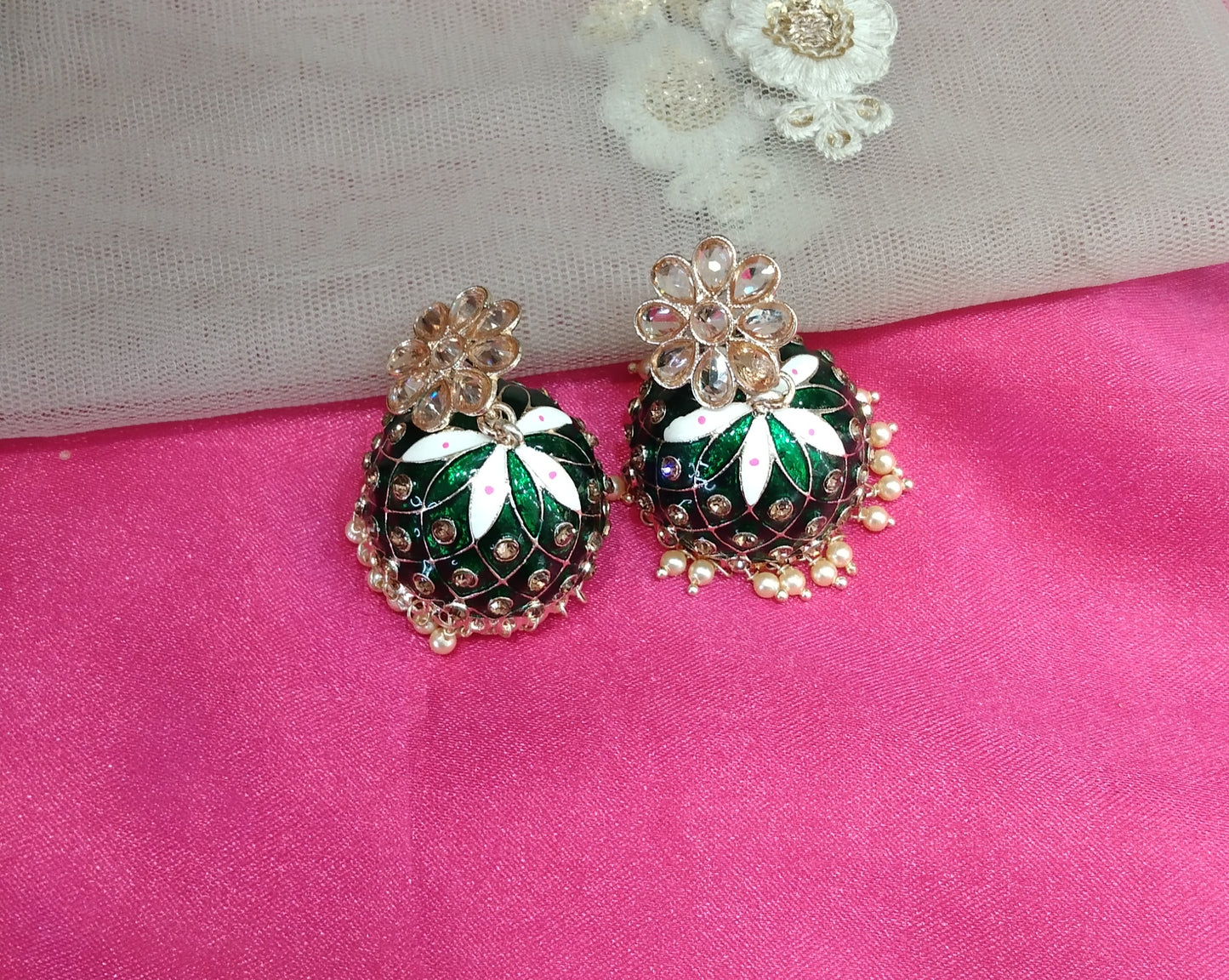 Green Kundan Jhumka Honey Bollywood Earrings