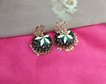 Green Kundan Jhumka Honey Bollywood Earrings