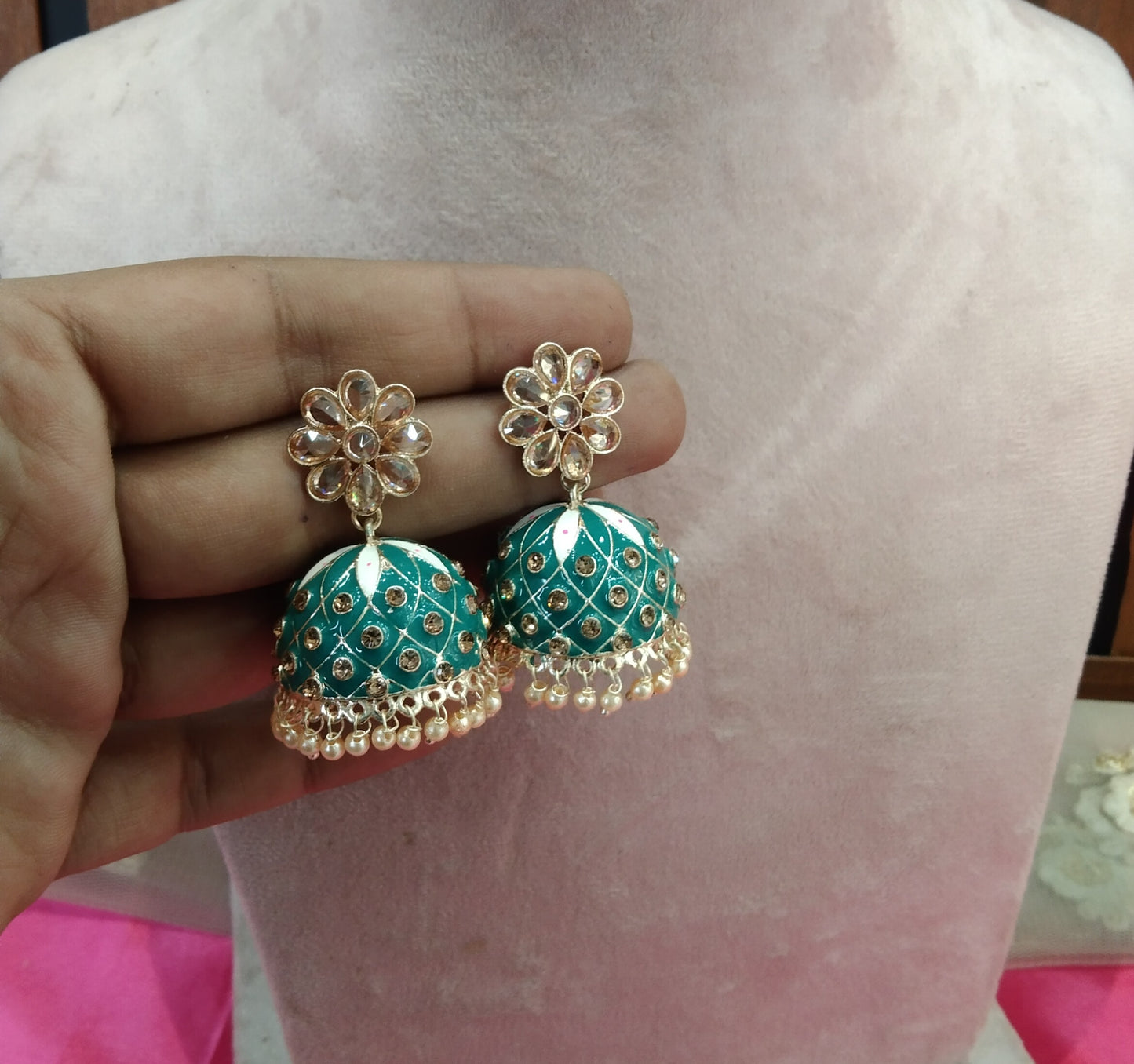 Rama Green  Kundan Jhumka Honey Bollywood Earrings