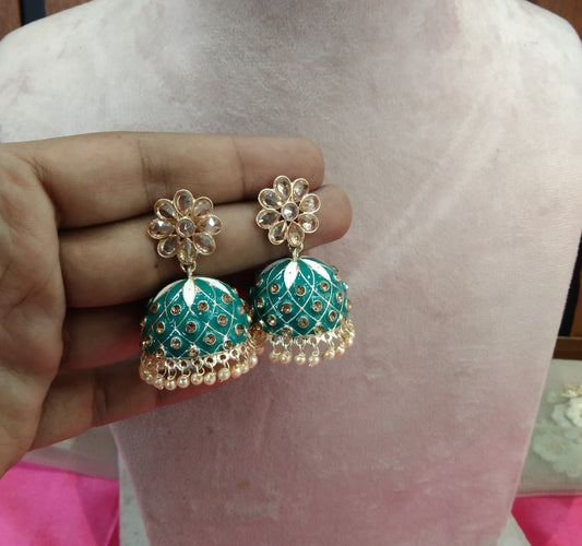 Rama Green  Kundan Jhumka Honey Bollywood Earrings