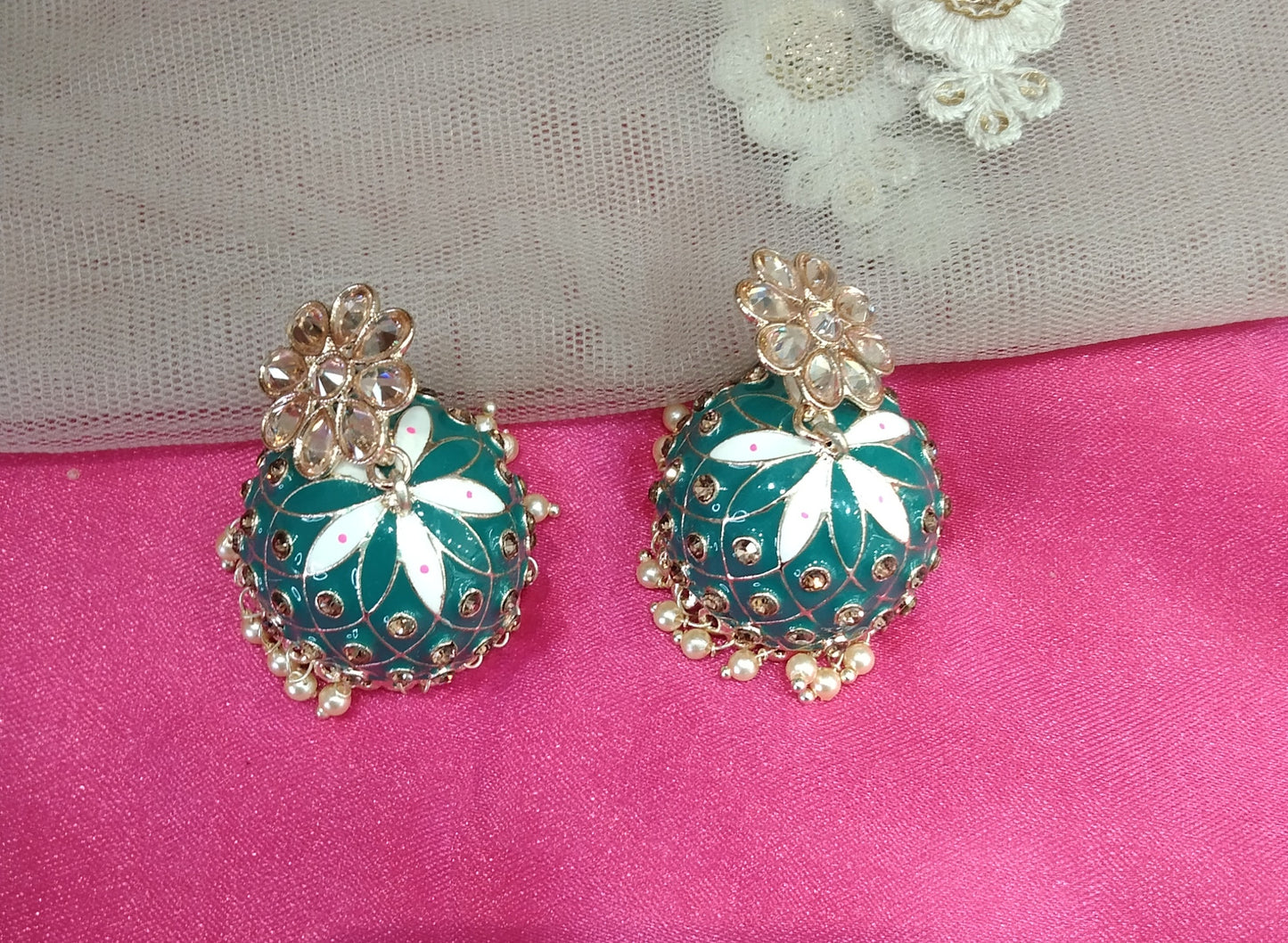 Rama Green  Kundan Jhumka Honey Bollywood Earrings