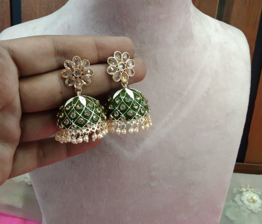 Mehndi Kundan Jhumka Honey Bollywood Earrings