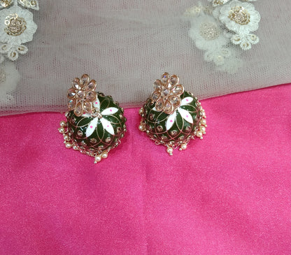 Mehndi Kundan Jhumka Honey Bollywood Earrings