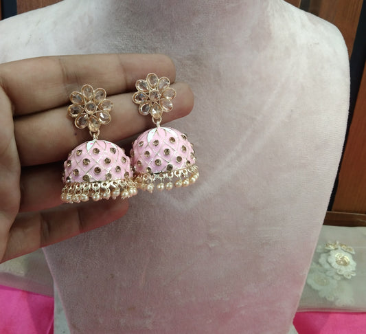 Baby Pink Kundan Jhumka Honey Bollywood Earrings
