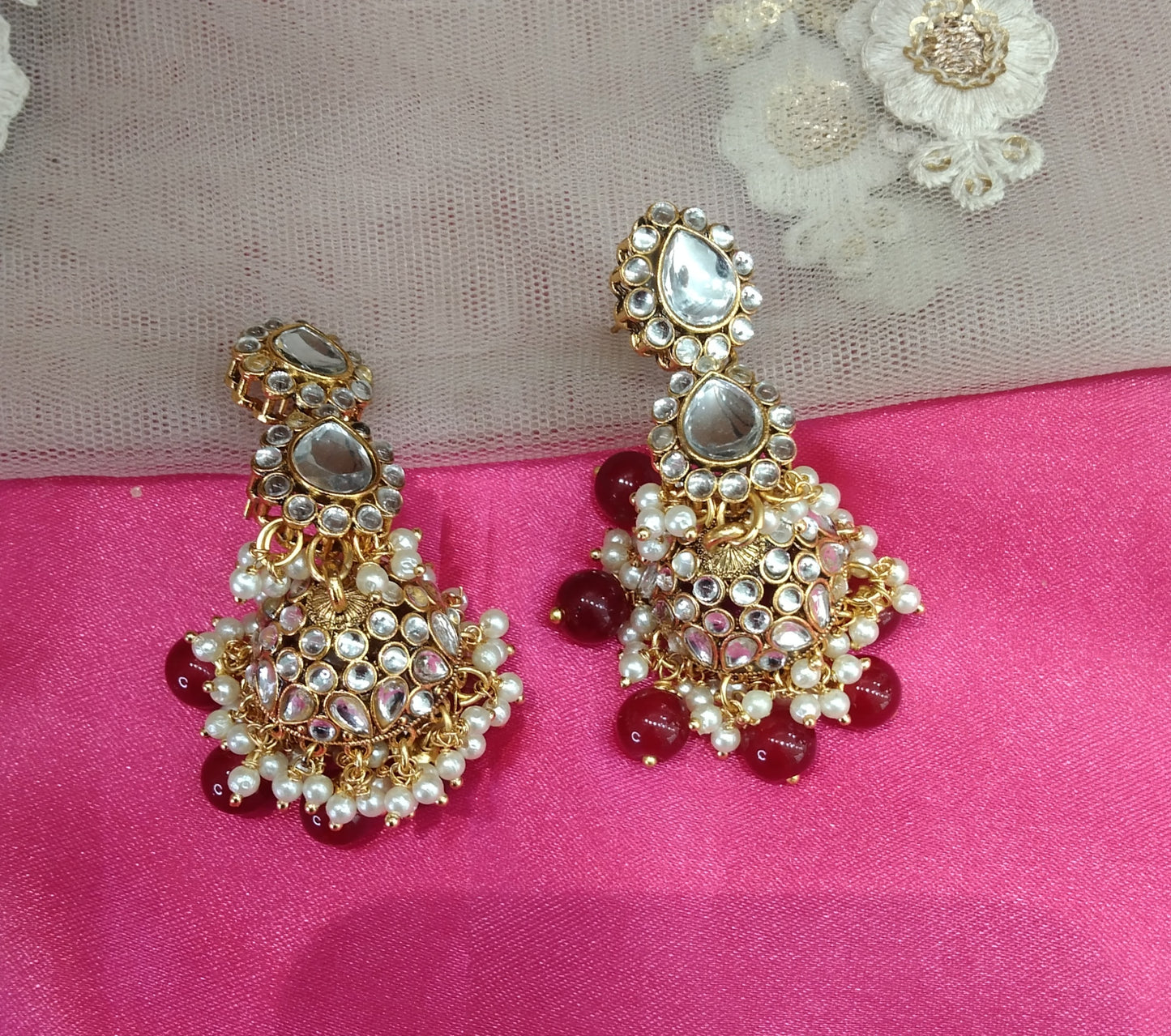 Maroon Kundan Jhumka Seema Bollywood Earrings