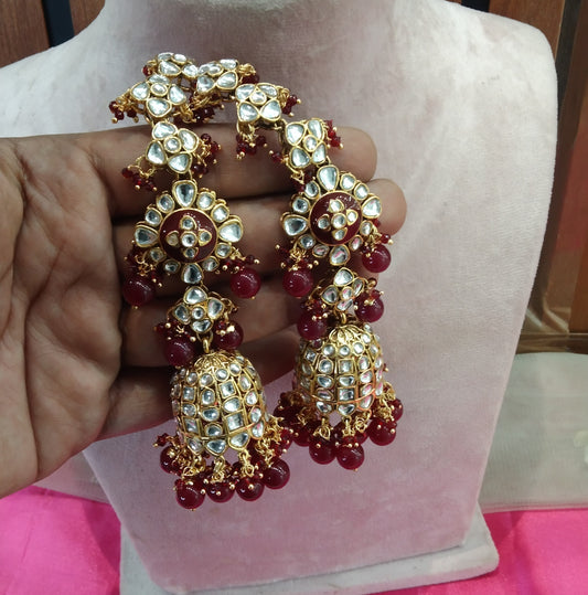 Maroon Kundan Jhumka Header Bollywood Earrings