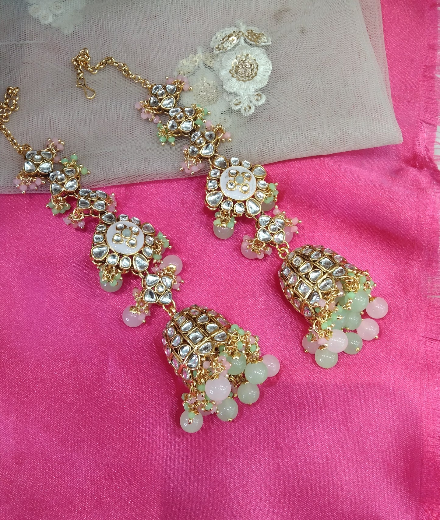 Mint Pink Kundan Jhumka Header Bollywood Earrings