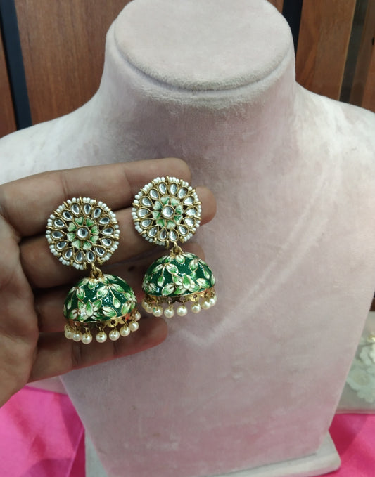 Green Kundan Meenakari Jhumka Alone Bollywood Earrings