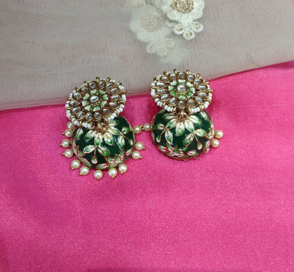 Green Kundan Meenakari Jhumka Alone Bollywood Earrings