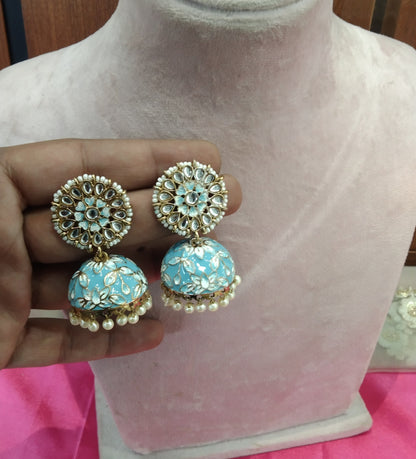 Sky Blue Kundan Meenakari Jhumka Alone Bollywood Earrings