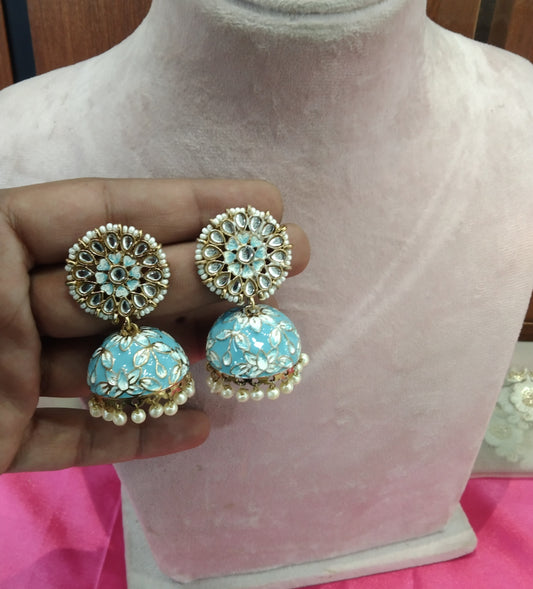 Sky Blue Kundan Meenakari Jhumka Alone Bollywood Earrings