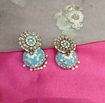 Sky Blue Kundan Meenakari Jhumka Alone Bollywood Earrings