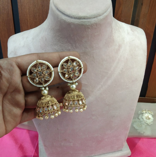 Antique White Kundan Jumka Golden Bollywood Earrings