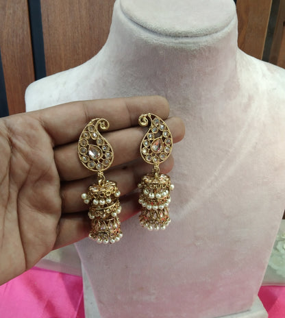 Antique White Kundan Jumka Golden Bollywood Earrings