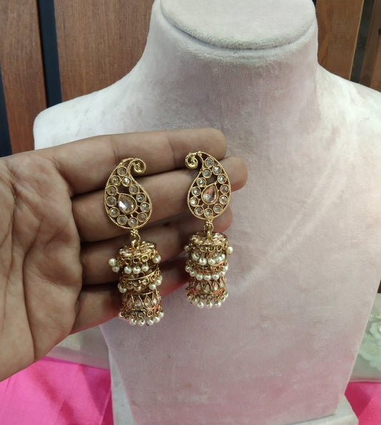 Antique White Kundan Jumka Golden Bollywood Earrings
