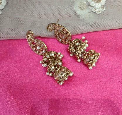 Antique White Kundan Jumka Golden Bollywood Earrings