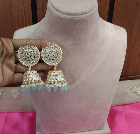 Sky Blue Kundan Jhumka Page Bollywood Earrings