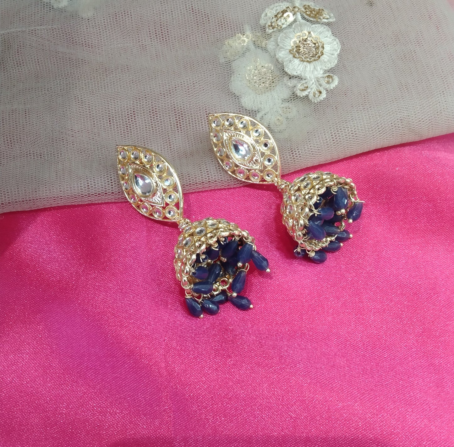 Navy Blue Kundan Jhumka Kesariya Bollywood Earrings