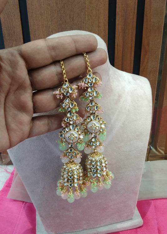 Mint Pink Kundan Jhumka Header Bollywood Earrings