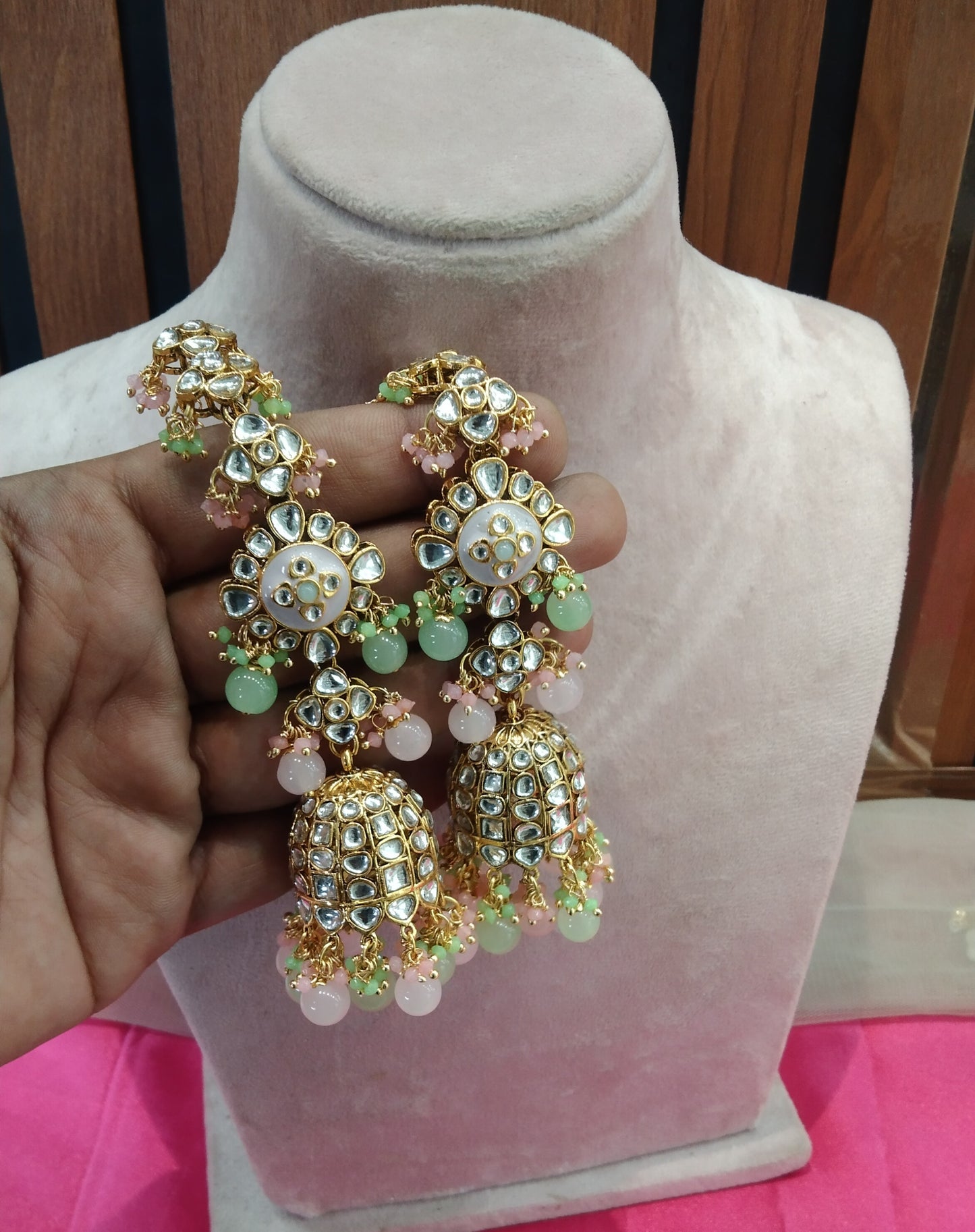 Mint Pink Kundan Jhumka Header Bollywood Earrings