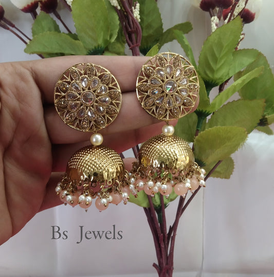 Peach Kundan Jhumka Sam Bollywood Earrings
