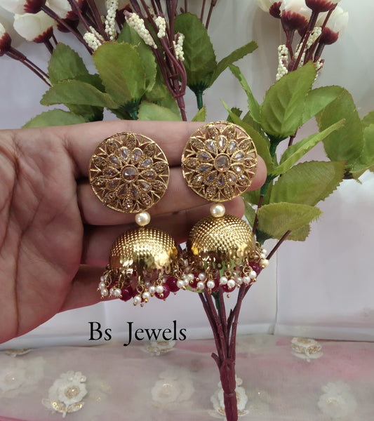 Maroon Kundan Jhumka Sam Bollywood Earrings