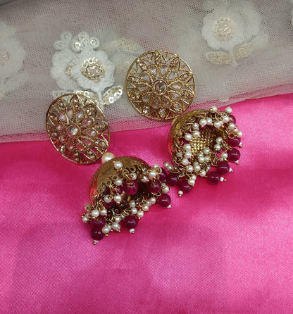 Maroon Kundan Jhumka Sam Bollywood Earrings