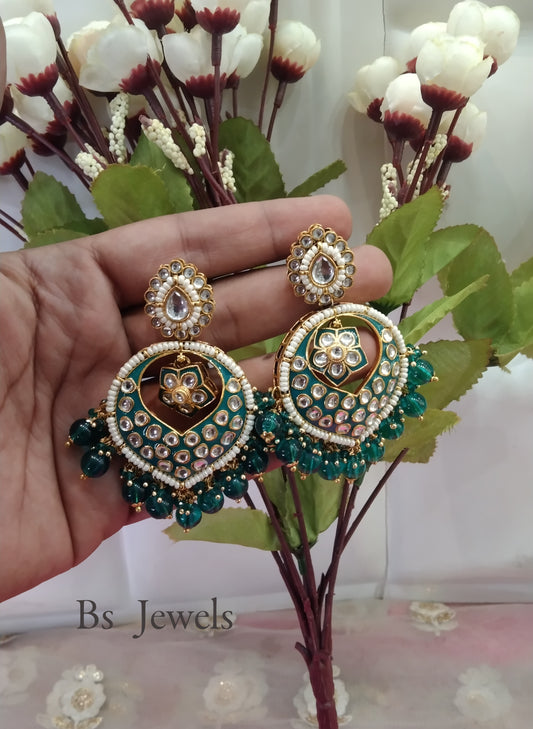 Rama Green Kundan Stand Bollywood Earrings