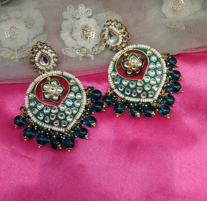 Rama Green Kundan Stand Bollywood Earrings