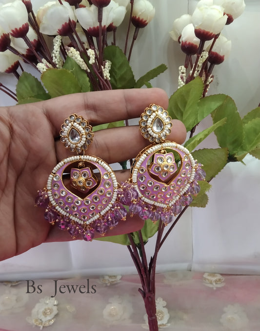Lavender Kundan Stand Bollywood Earrings