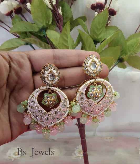 Mint Pink Kundan Stand Bollywood Earrings