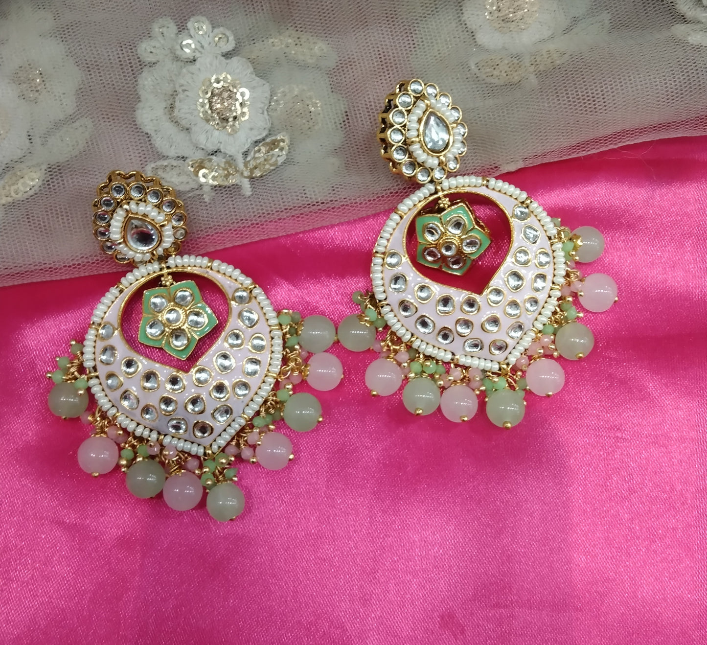 Mint Pink Kundan Stand Bollywood Earrings