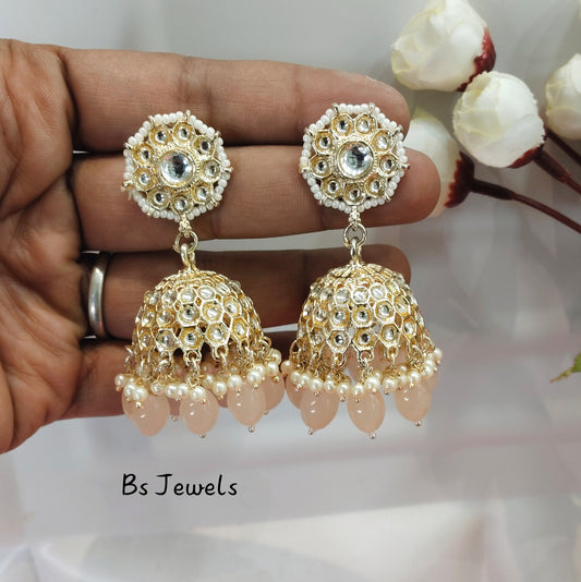 Peach Kundan Jhumka How Bollywood Earrings