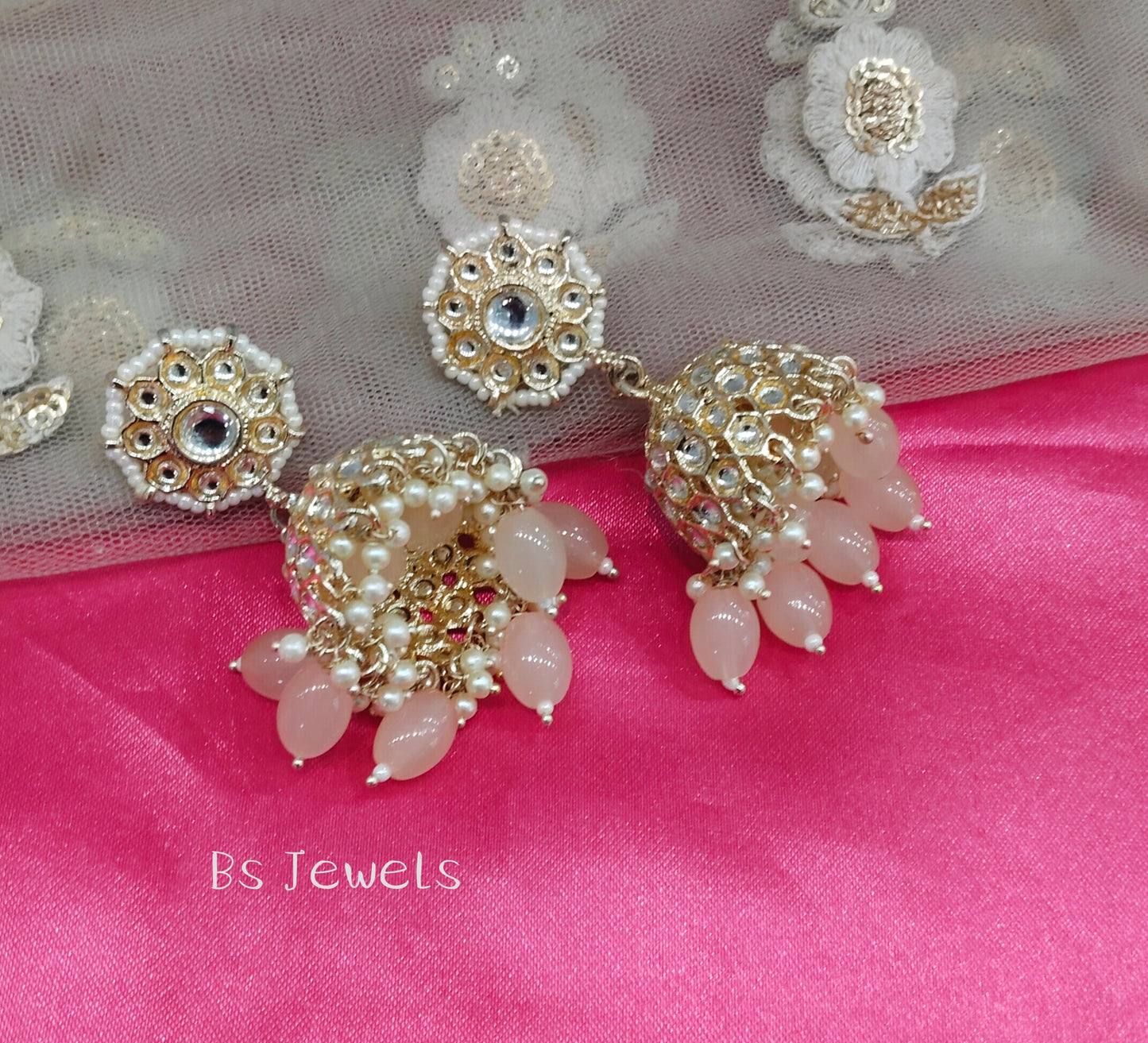Peach Kundan Jhumka How Bollywood Earrings