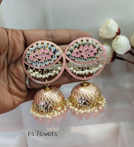 Pink Meenakari Jhumka Coke Bollywood Earrings