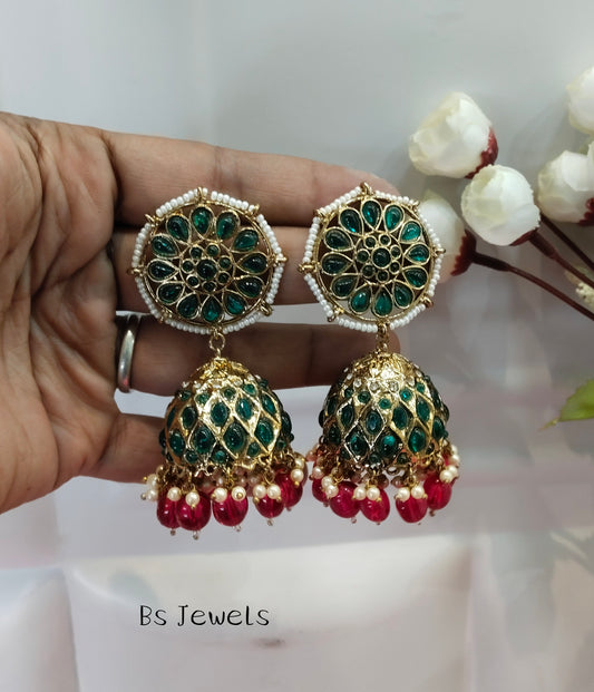 Green Majenta Kundan Jhumka Asia Bollywood Earrings