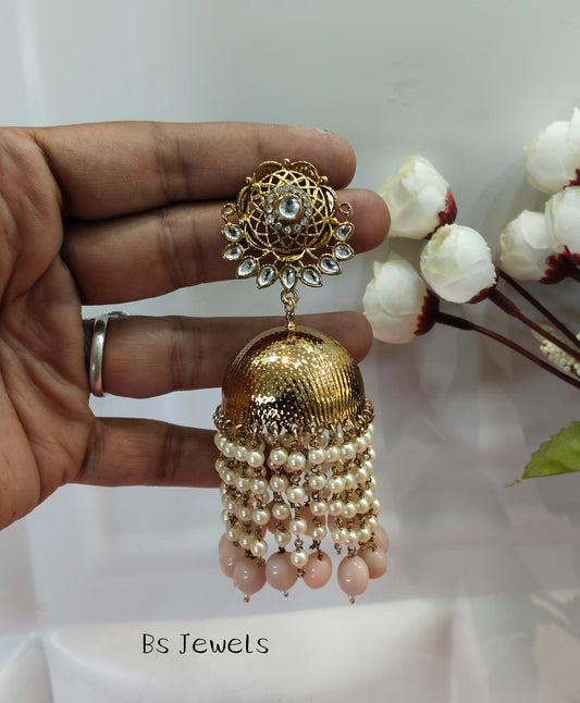 Peach Kundan Jhumka Asia Bollywood Earrings