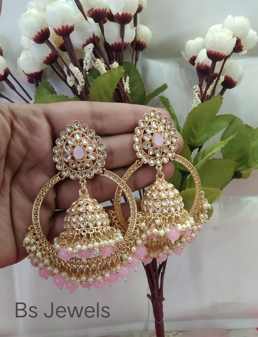 Pink Kundan Jhumka Geetika Bollywood Earrings